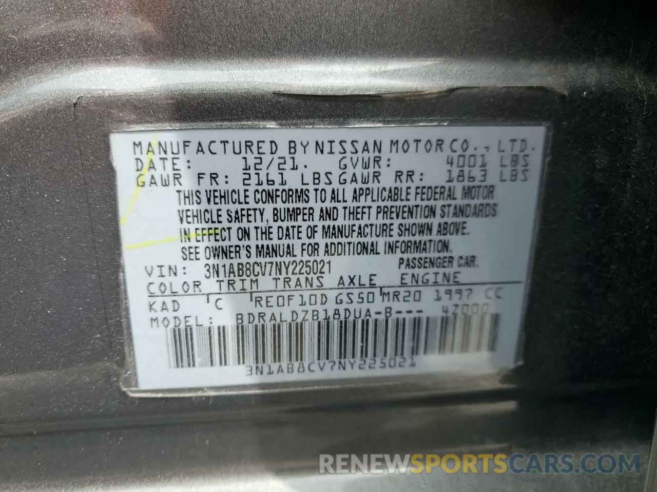 13 Photograph of a damaged car 3N1AB8CV7NY225021 NISSAN SENTRA 2022