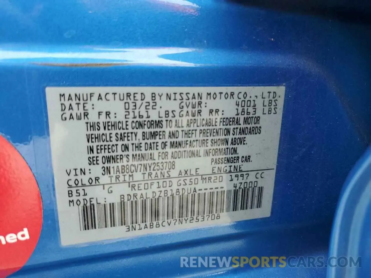 14 Photograph of a damaged car 3N1AB8CV7NY253708 NISSAN SENTRA 2022