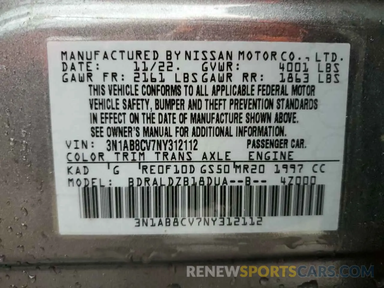 13 Photograph of a damaged car 3N1AB8CV7NY312112 NISSAN SENTRA 2022