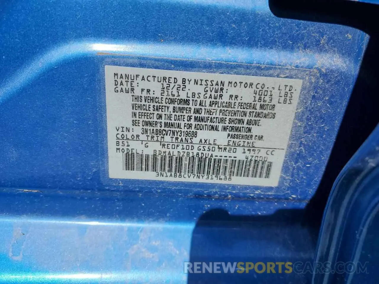 12 Photograph of a damaged car 3N1AB8CV7NY319688 NISSAN SENTRA 2022