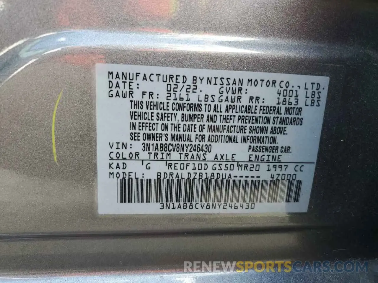 12 Photograph of a damaged car 3N1AB8CV8NY246430 NISSAN SENTRA 2022
