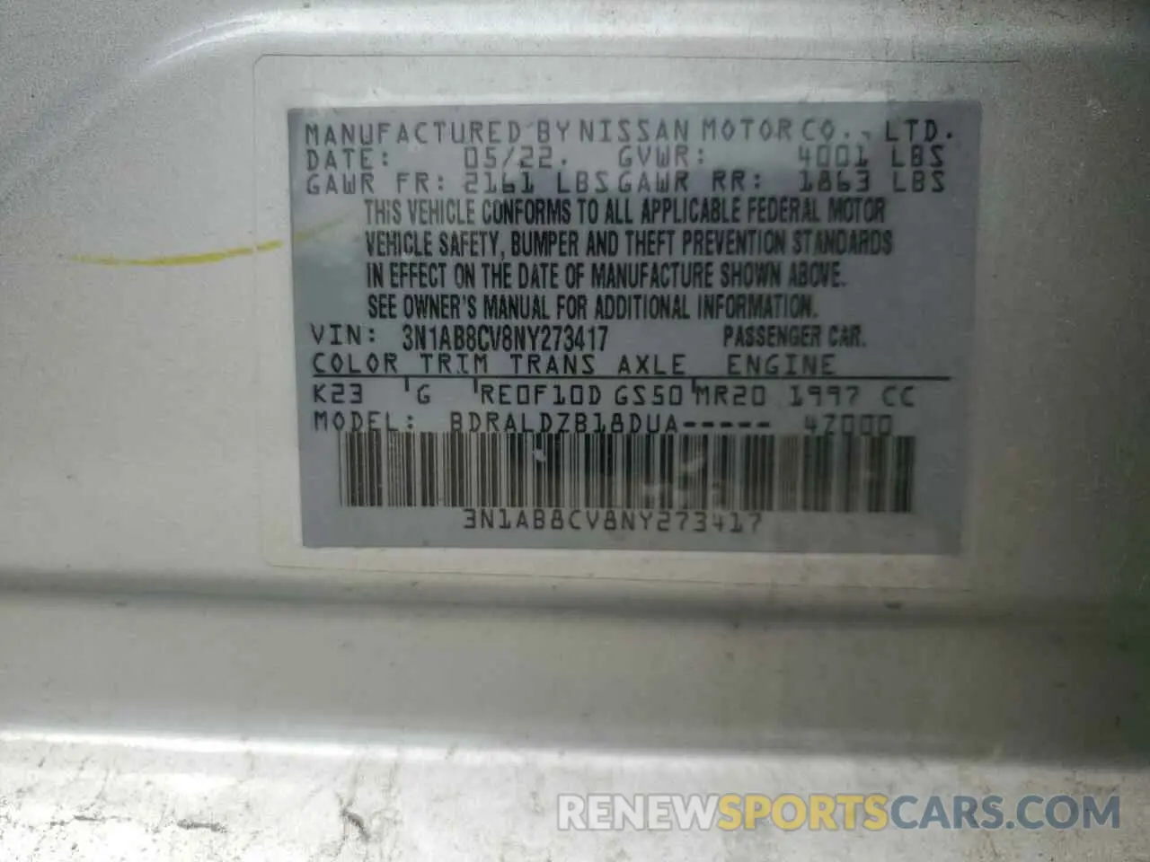 14 Photograph of a damaged car 3N1AB8CV8NY273417 NISSAN SENTRA 2022
