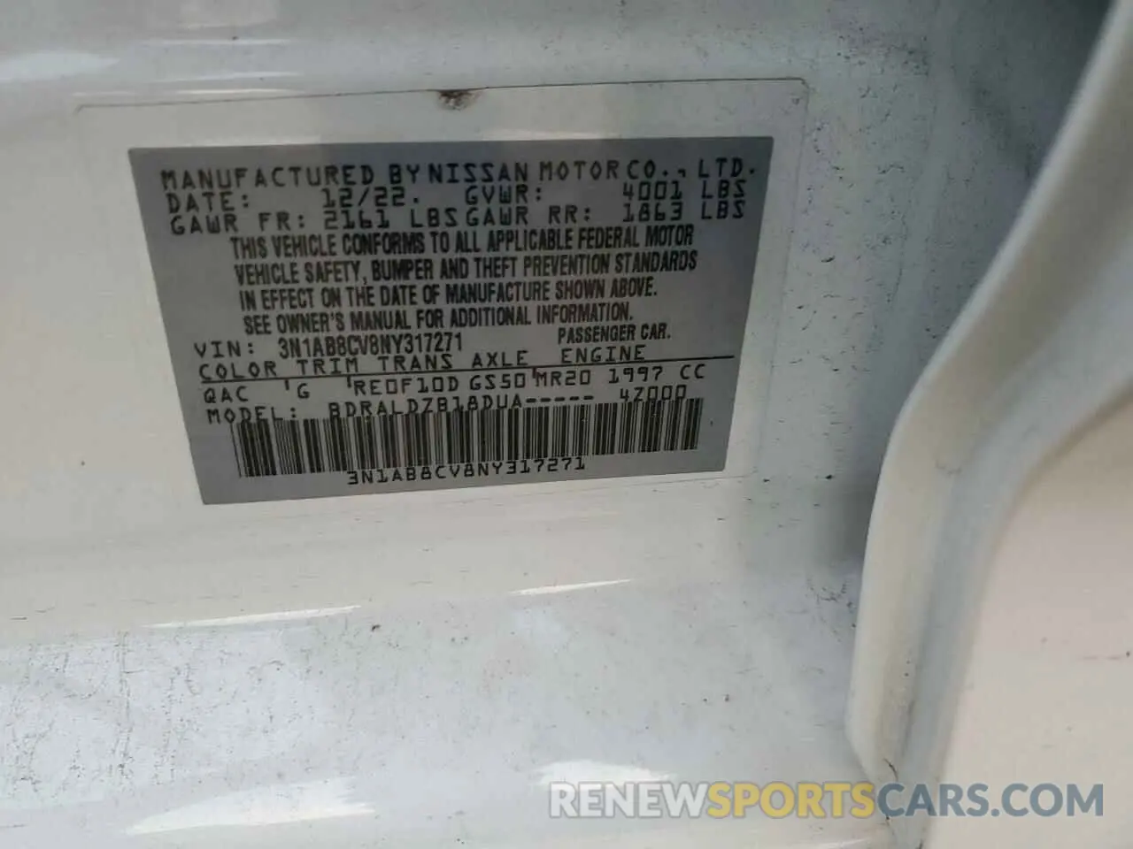 14 Photograph of a damaged car 3N1AB8CV8NY317271 NISSAN SENTRA 2022