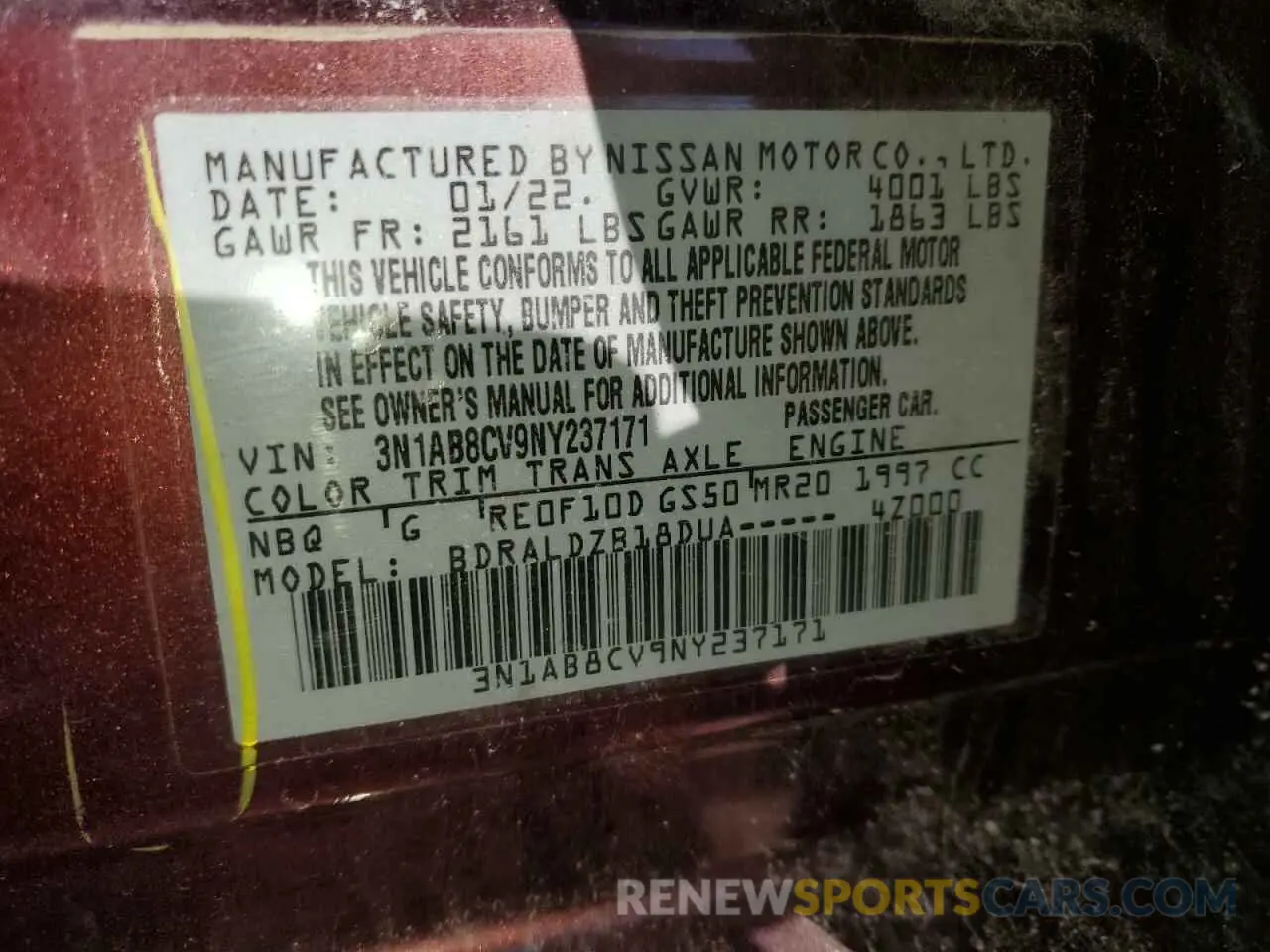 14 Photograph of a damaged car 3N1AB8CV9NY237171 NISSAN SENTRA 2022