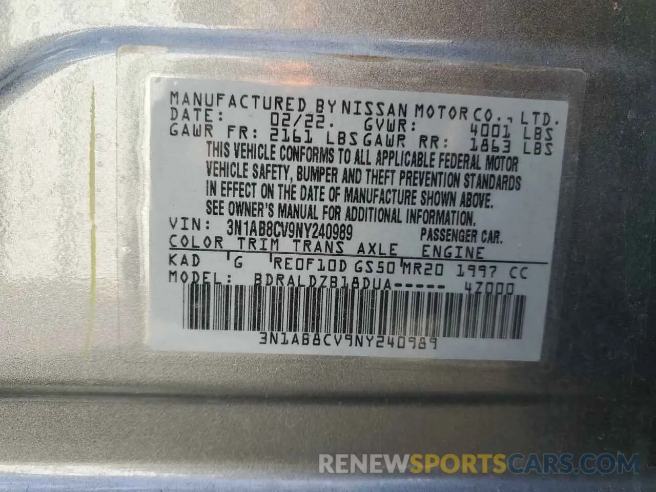 12 Photograph of a damaged car 3N1AB8CV9NY240989 NISSAN SENTRA 2022