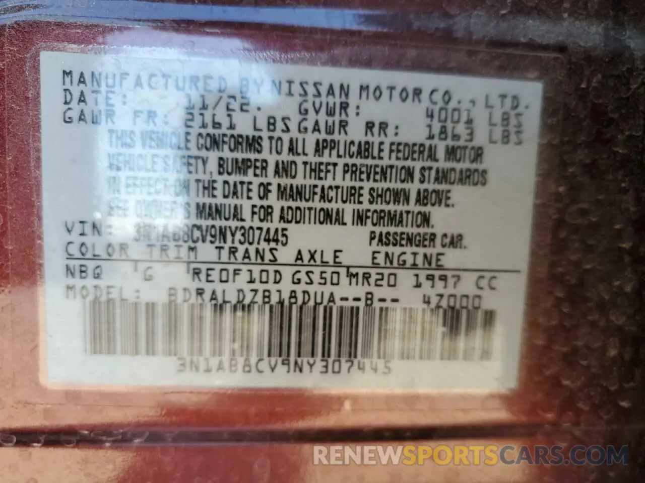 12 Photograph of a damaged car 3N1AB8CV9NY307445 NISSAN SENTRA 2022
