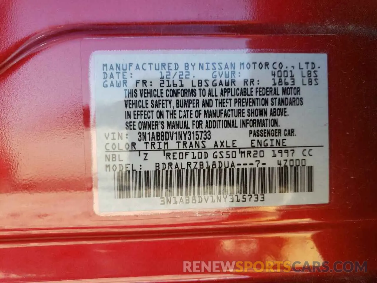 12 Photograph of a damaged car 3N1AB8DV1NY315733 NISSAN SENTRA 2022