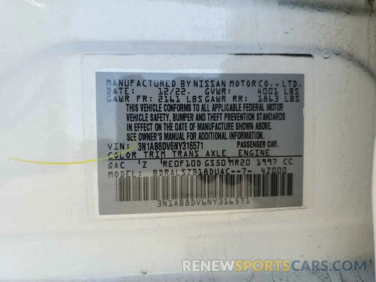 12 Photograph of a damaged car 3N1AB8DV6NY316571 NISSAN SENTRA 2022