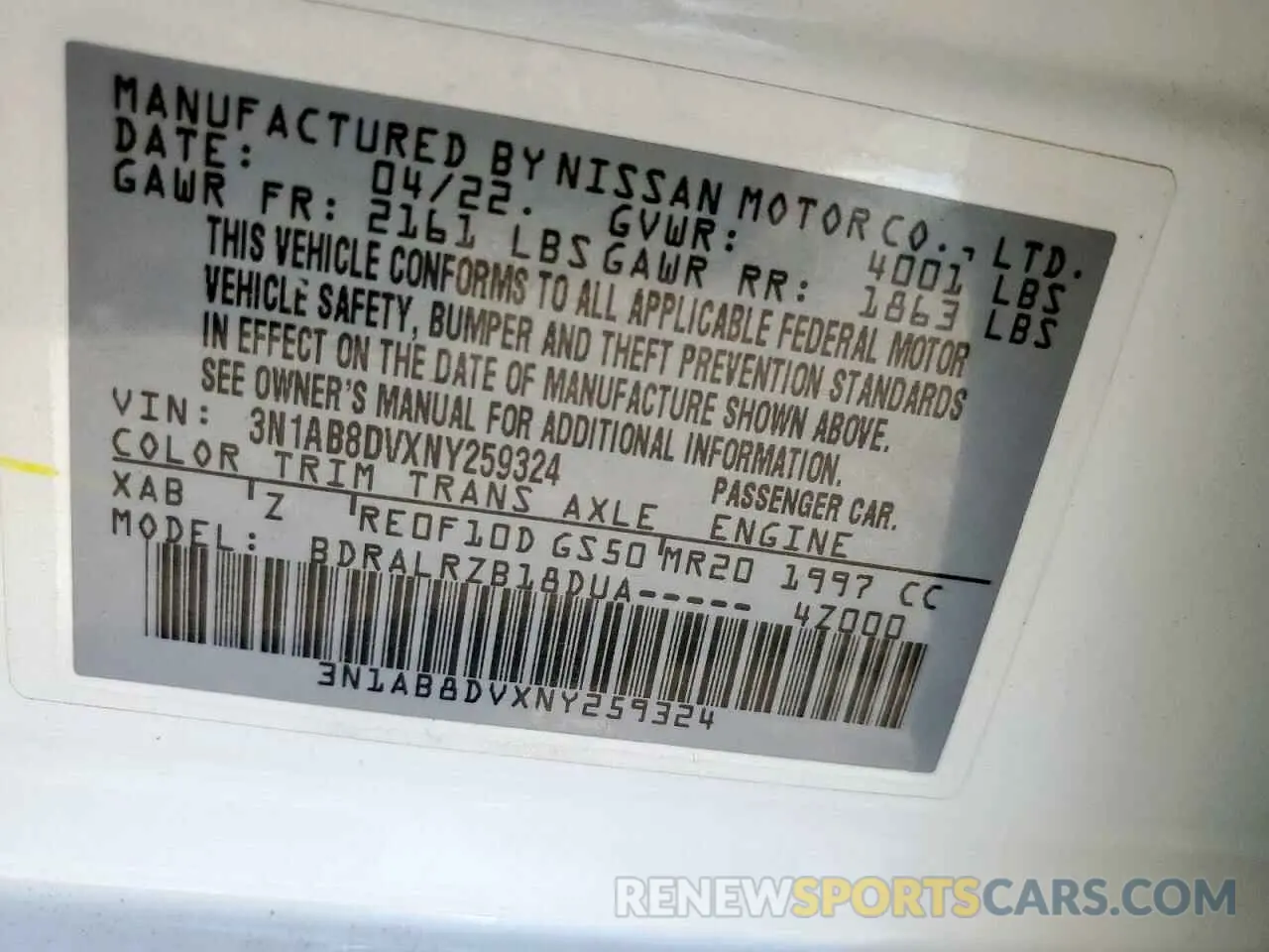 12 Photograph of a damaged car 3N1AB8DVXNY259324 NISSAN SENTRA 2022