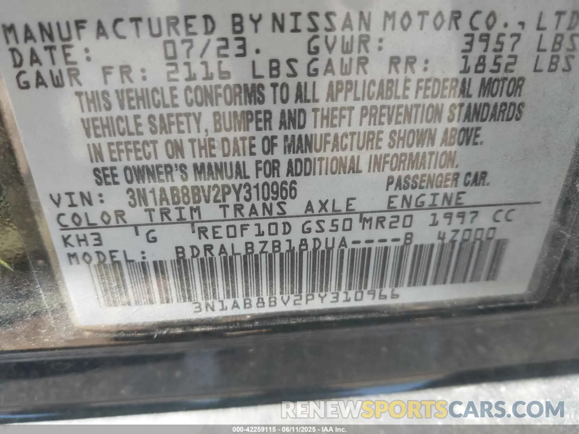 9 Photograph of a damaged car 3N1AB8BV2PY310966 NISSAN SENTRA 2023