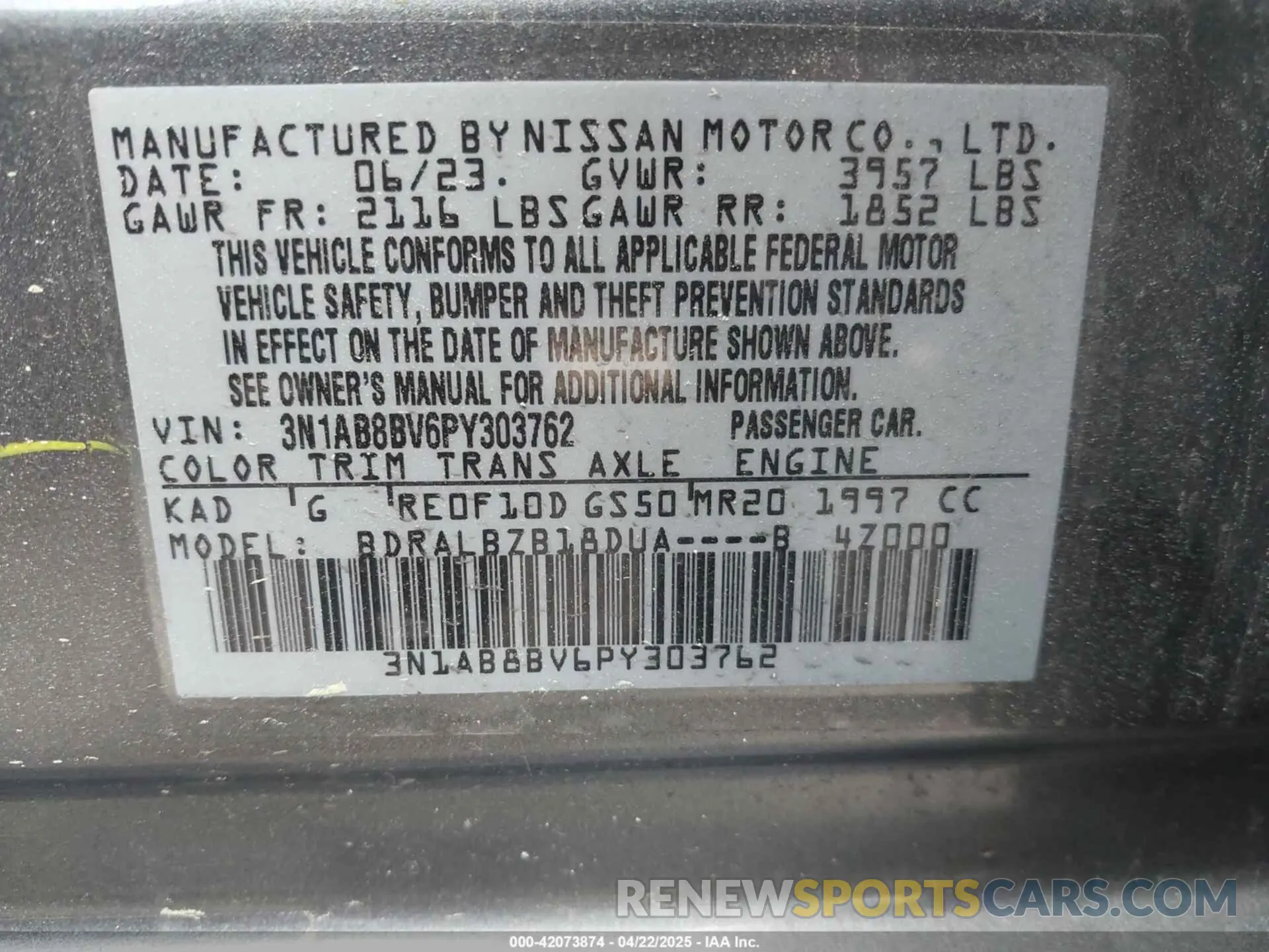 9 Photograph of a damaged car 3N1AB8BV6PY303762 NISSAN SENTRA 2023