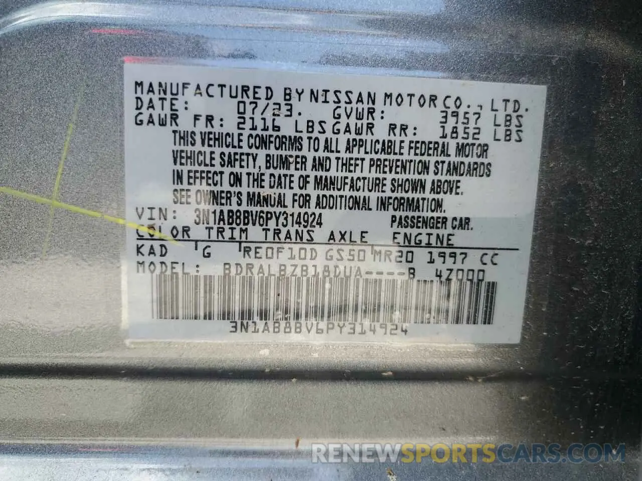 12 Photograph of a damaged car 3N1AB8BV6PY314924 NISSAN SENTRA 2023