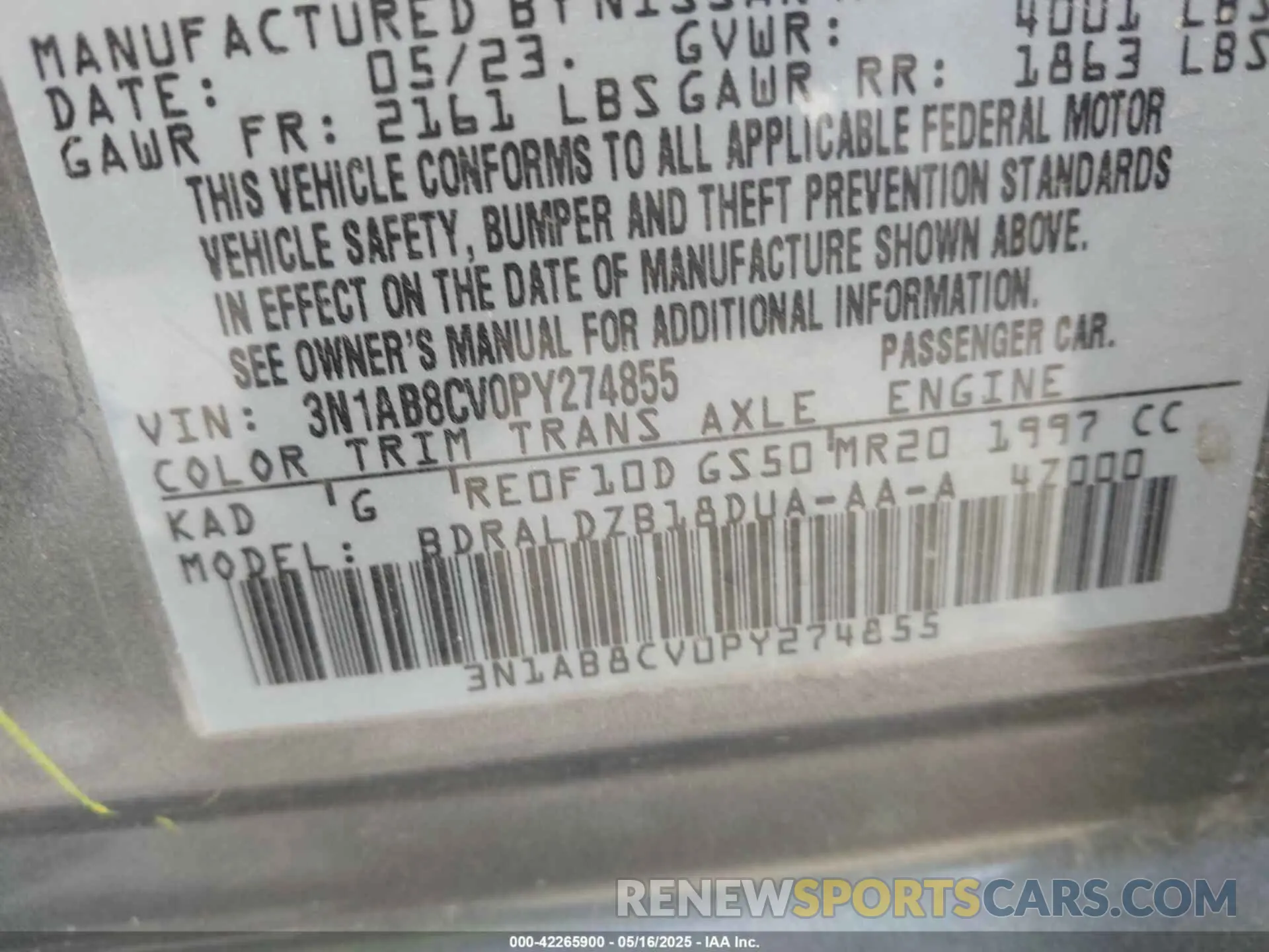 9 Photograph of a damaged car 3N1AB8CV0PY274855 NISSAN SENTRA 2023
