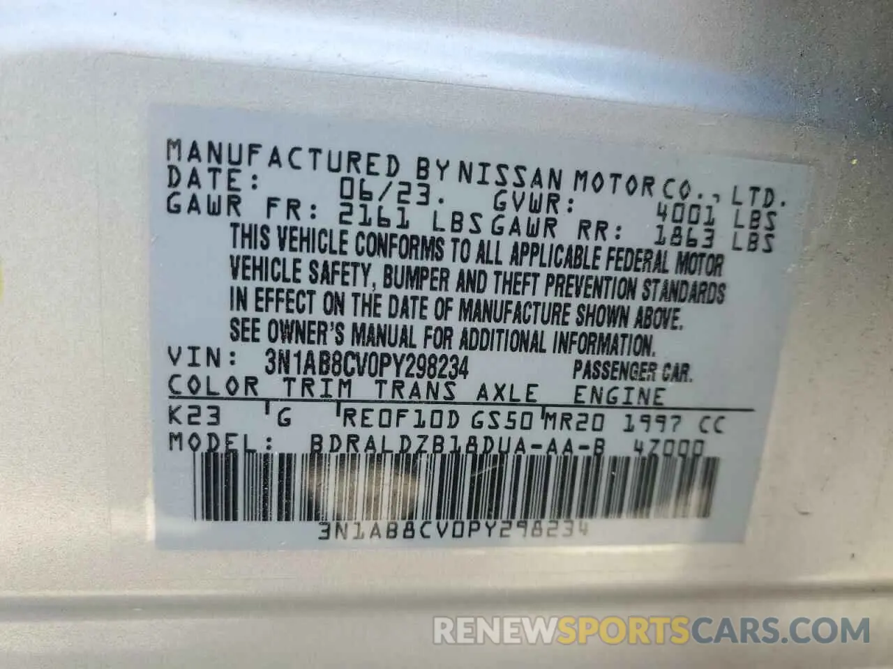 12 Photograph of a damaged car 3N1AB8CV0PY298234 NISSAN SENTRA 2023