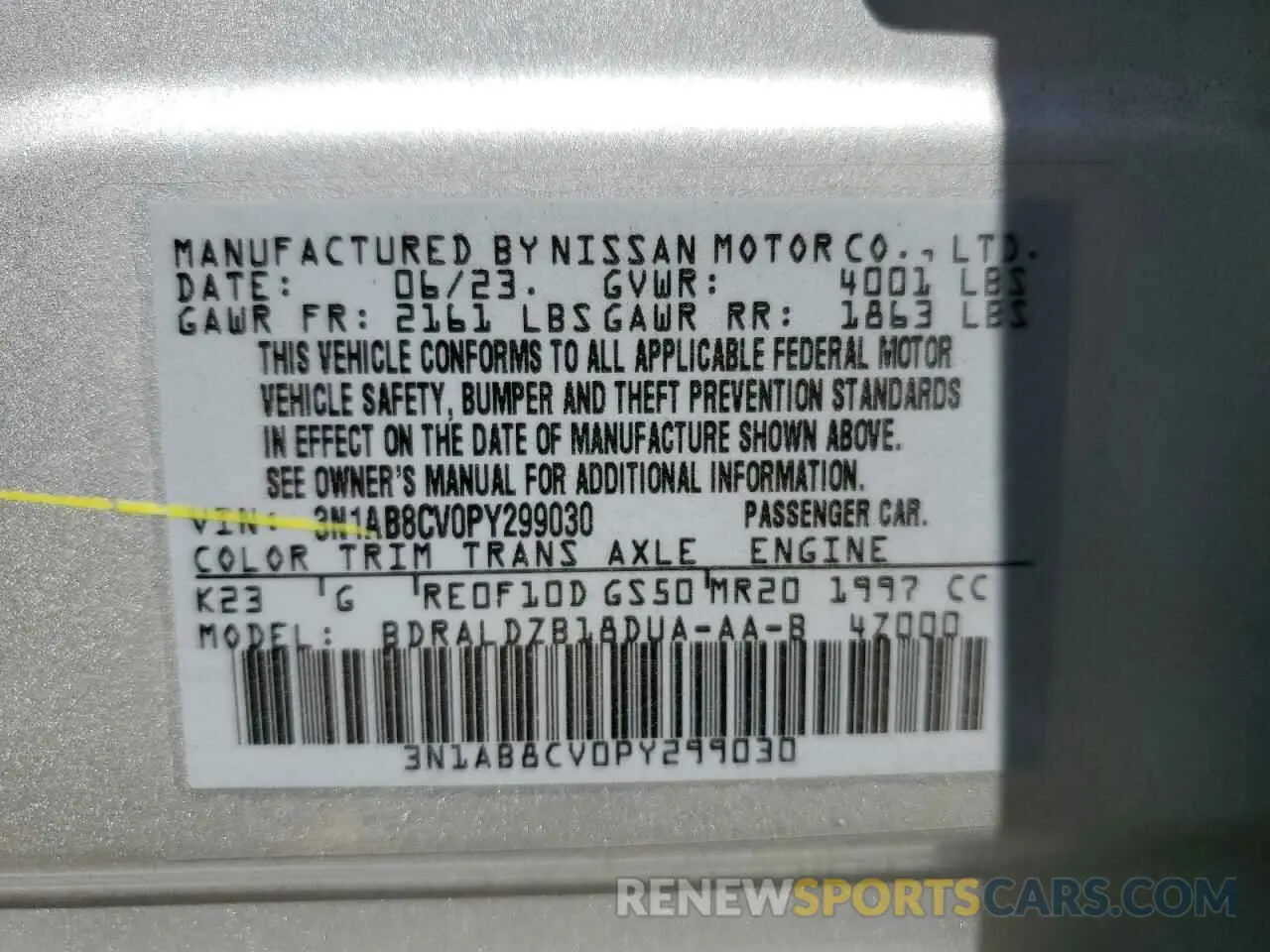 13 Photograph of a damaged car 3N1AB8CV0PY299030 NISSAN SENTRA 2023