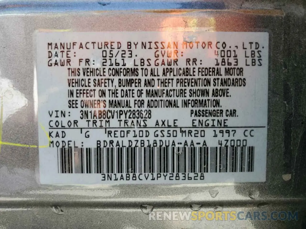 13 Photograph of a damaged car 3N1AB8CV1PY283628 NISSAN SENTRA 2023