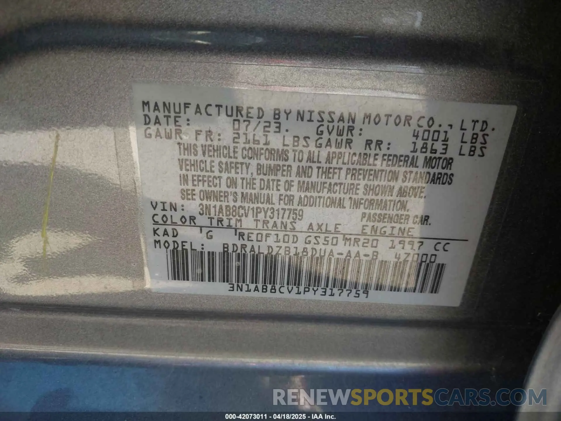 9 Photograph of a damaged car 3N1AB8CV1PY317759 NISSAN SENTRA 2023