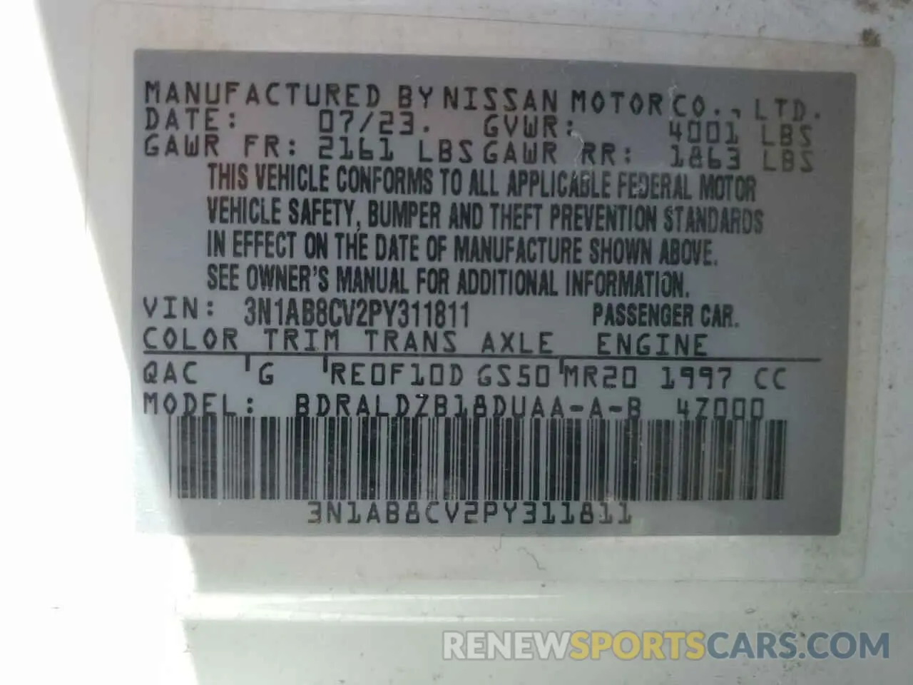 14 Photograph of a damaged car 3N1AB8CV2PY311811 NISSAN SENTRA 2023
