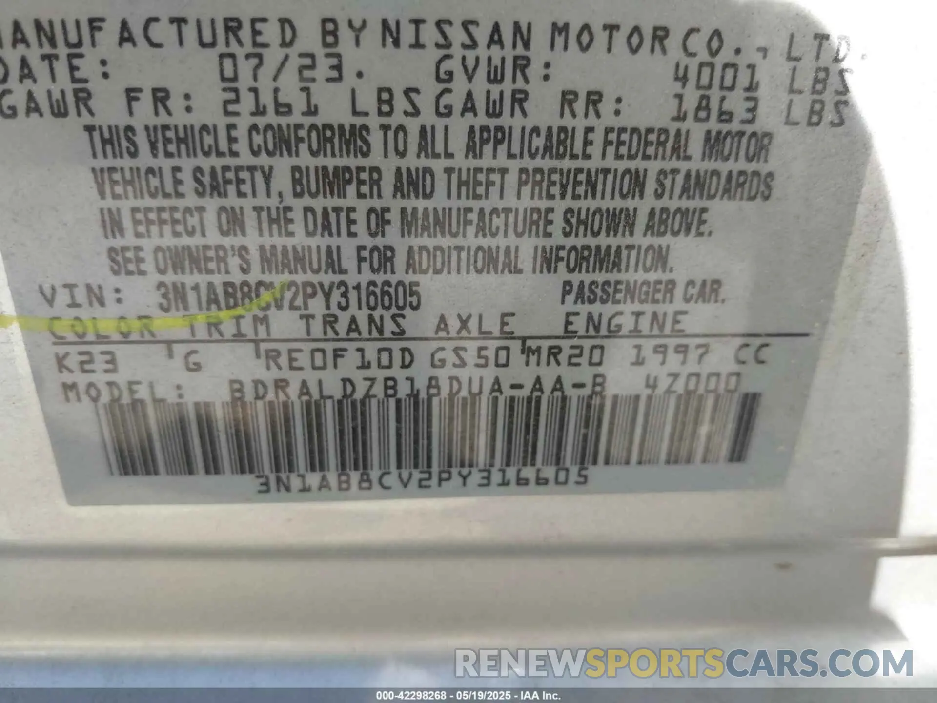9 Photograph of a damaged car 3N1AB8CV2PY316605 NISSAN SENTRA 2023