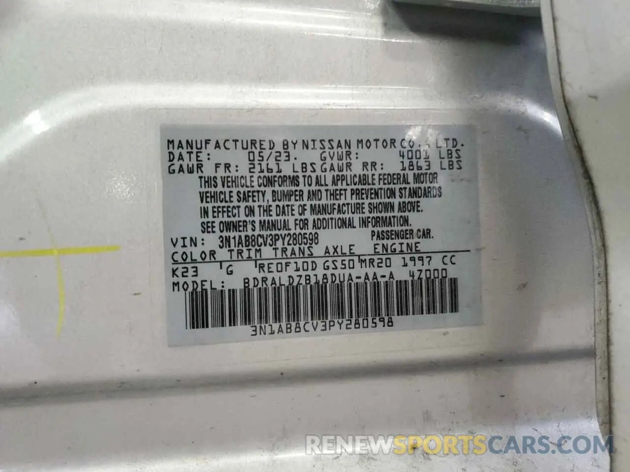 12 Photograph of a damaged car 3N1AB8CV3PY280598 NISSAN SENTRA 2023