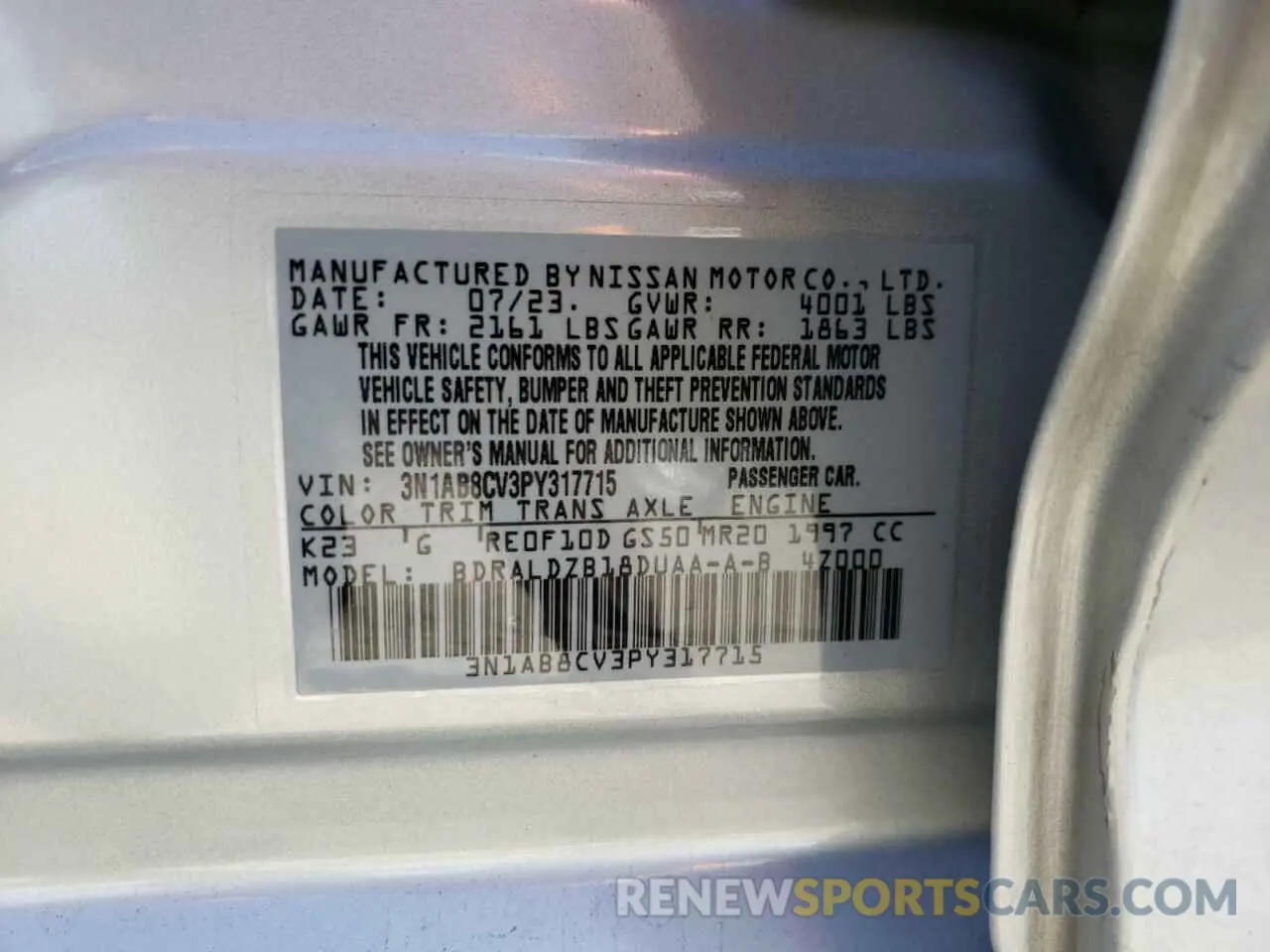 12 Photograph of a damaged car 3N1AB8CV3PY317715 NISSAN SENTRA 2023