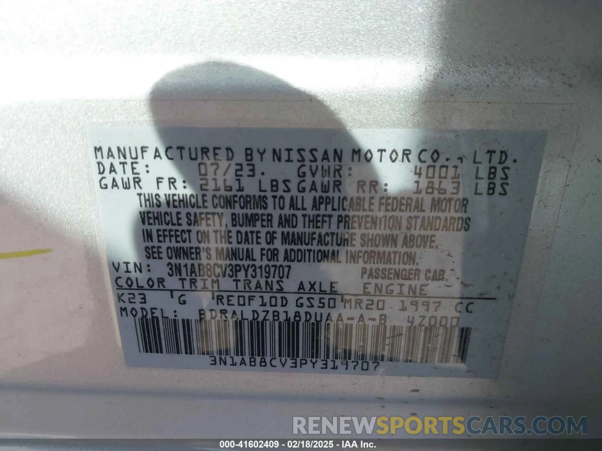 9 Photograph of a damaged car 3N1AB8CV3PY319707 NISSAN SENTRA 2023