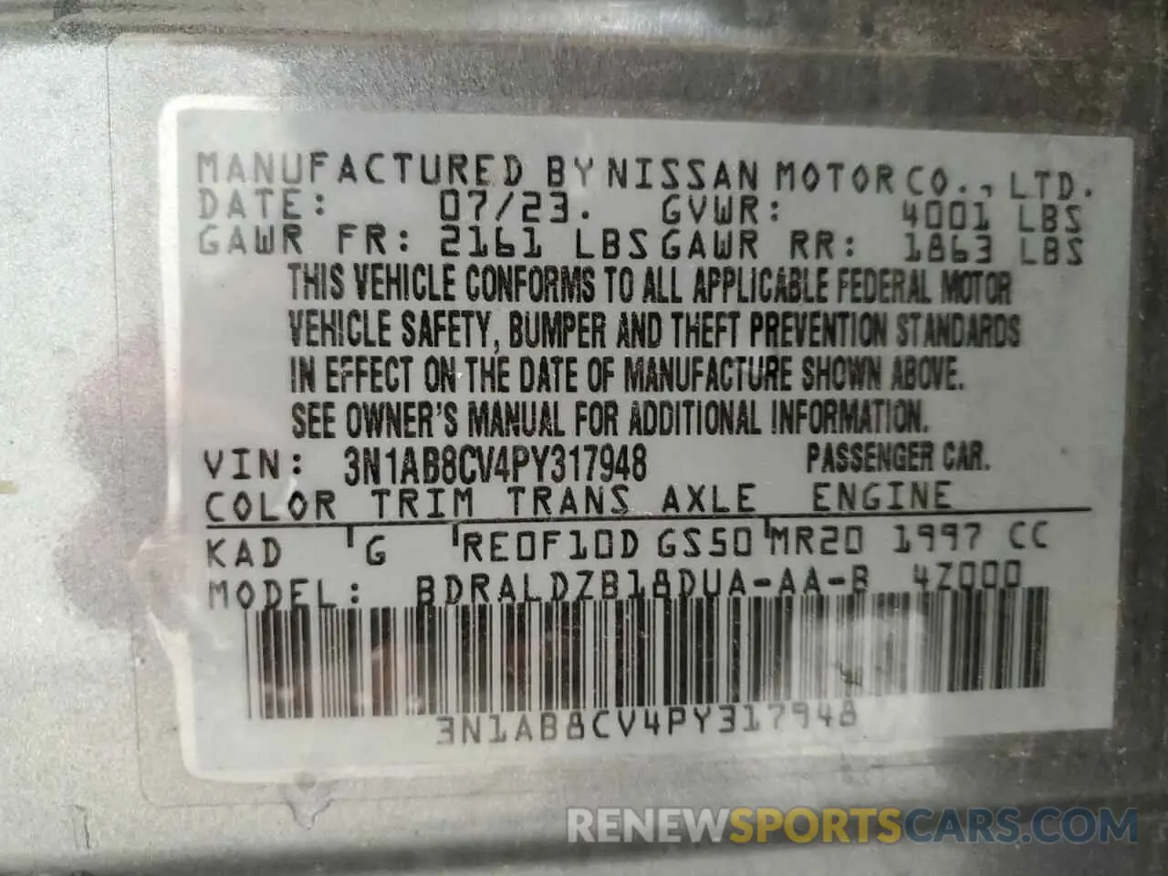 12 Photograph of a damaged car 3N1AB8CV4PY317948 NISSAN SENTRA 2023