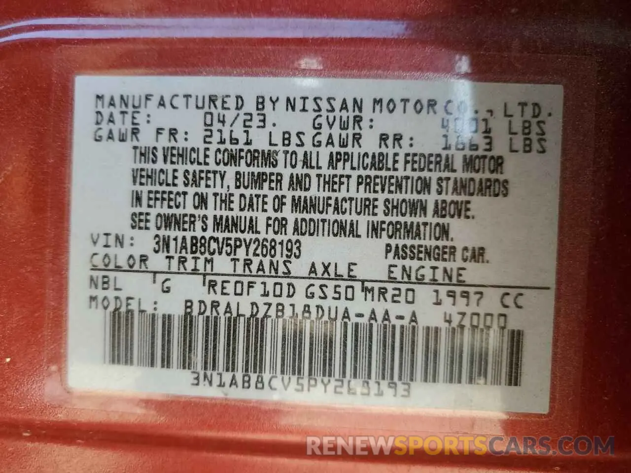 13 Photograph of a damaged car 3N1AB8CV5PY268193 NISSAN SENTRA 2023