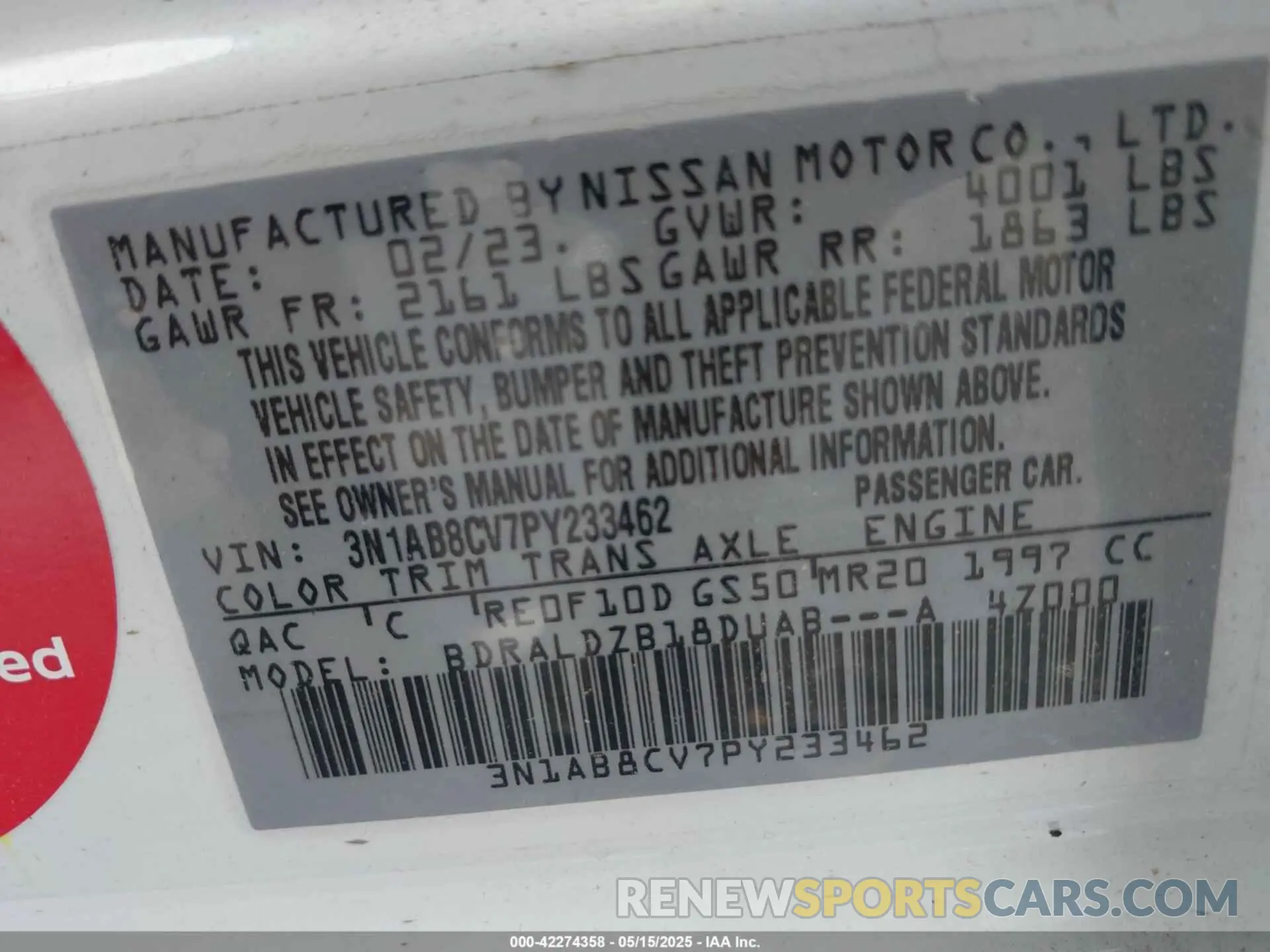 9 Photograph of a damaged car 3N1AB8CV7PY233462 NISSAN SENTRA 2023