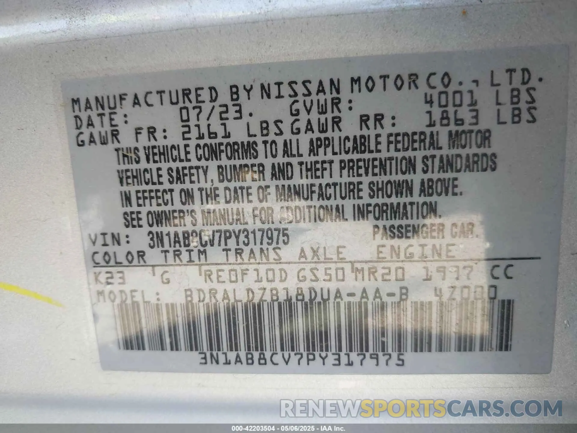 9 Photograph of a damaged car 3N1AB8CV7PY317975 NISSAN SENTRA 2023