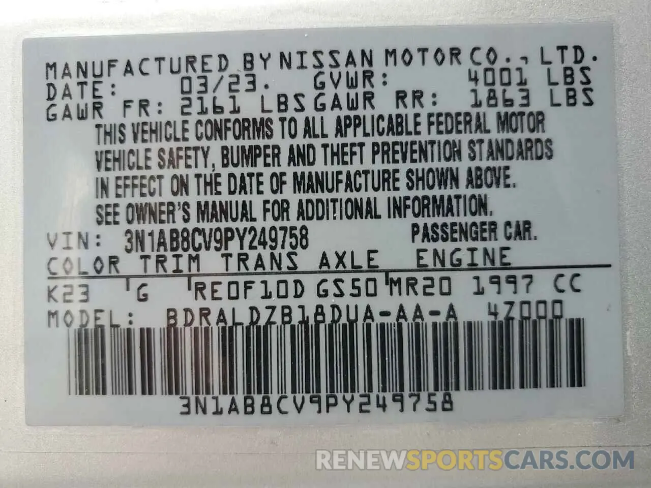 14 Photograph of a damaged car 3N1AB8CV9PY249758 NISSAN SENTRA 2023