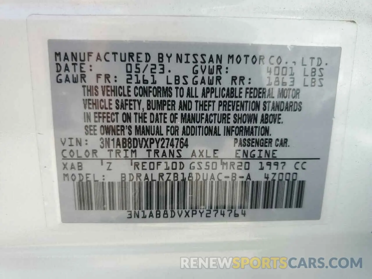 12 Photograph of a damaged car 3N1AB8DVXPY274764 NISSAN SENTRA 2023
