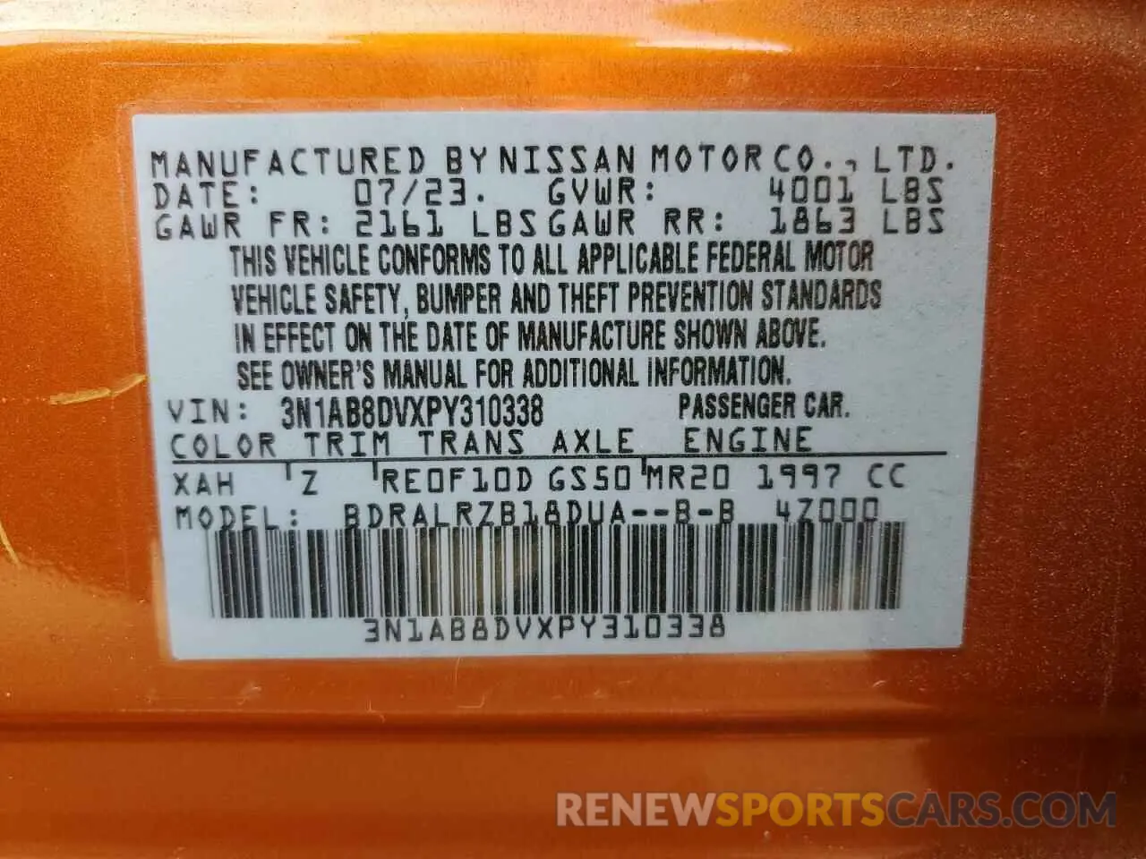 13 Photograph of a damaged car 3N1AB8DVXPY310338 NISSAN SENTRA 2023