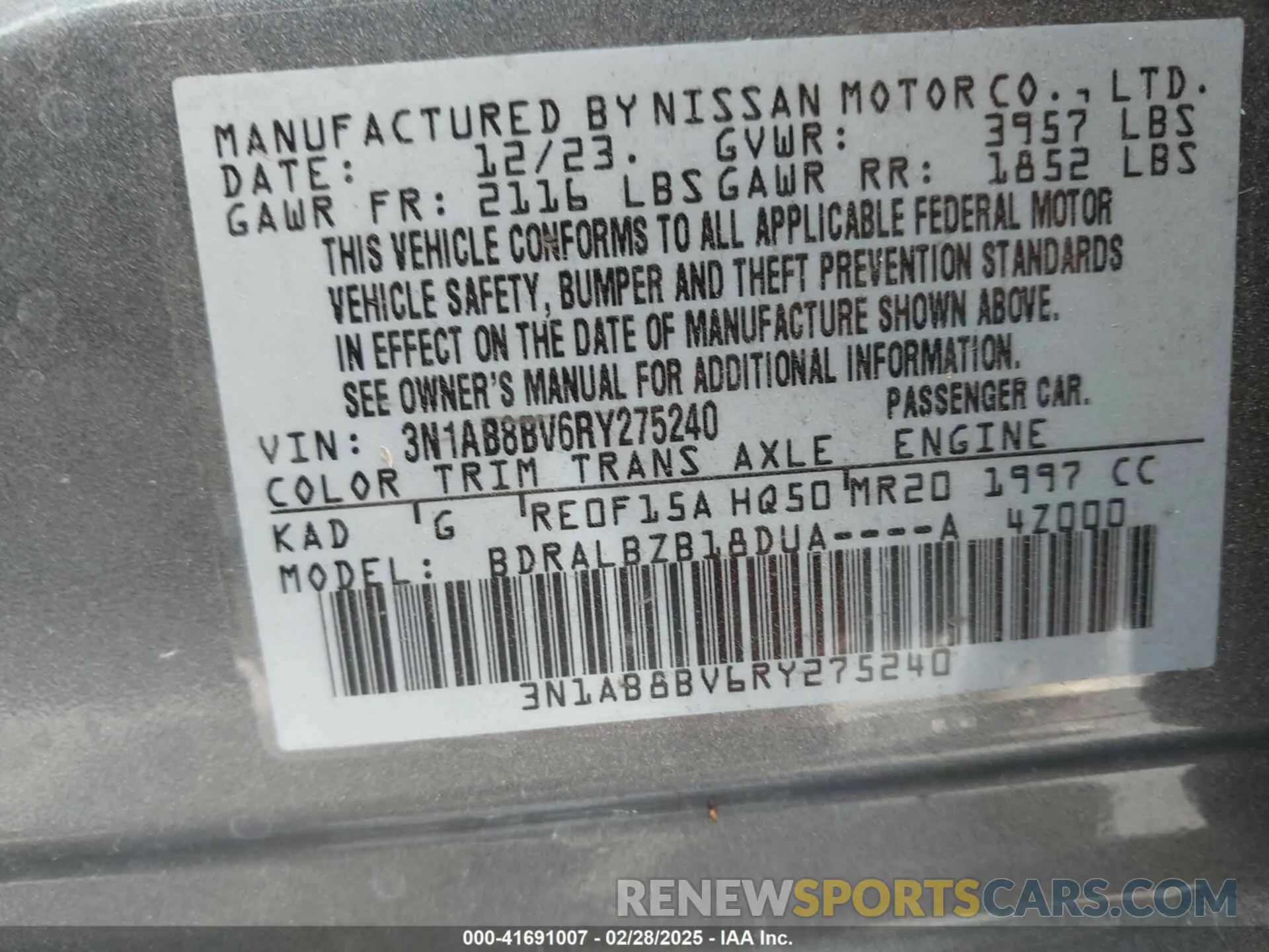 9 Photograph of a damaged car 3N1AB8BV6RY275240 NISSAN SENTRA 2024