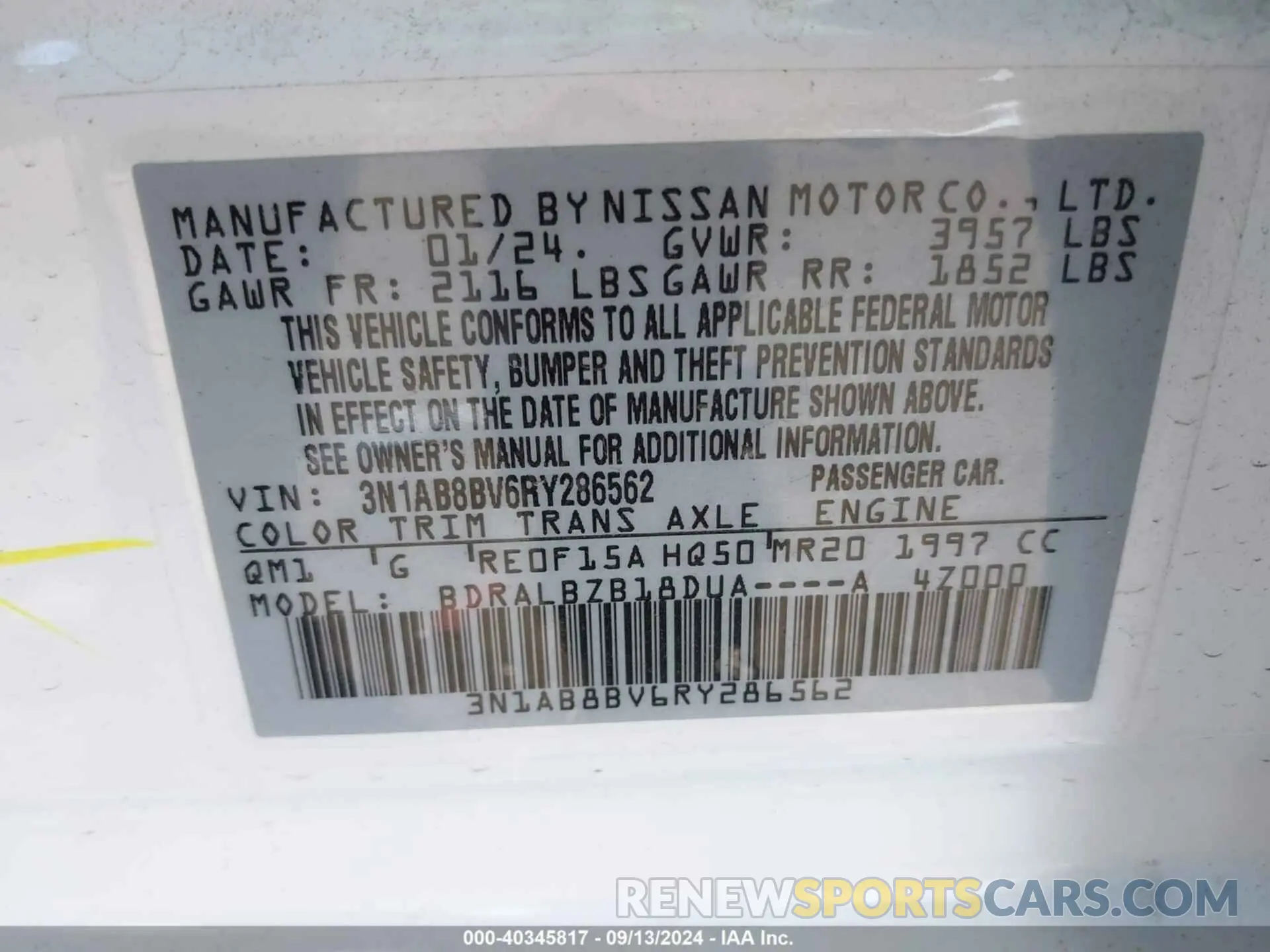 9 Photograph of a damaged car 3N1AB8BV6RY286562 NISSAN SENTRA 2024