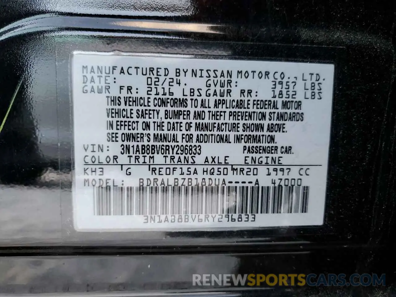 12 Photograph of a damaged car 3N1AB8BV6RY296833 NISSAN SENTRA 2024