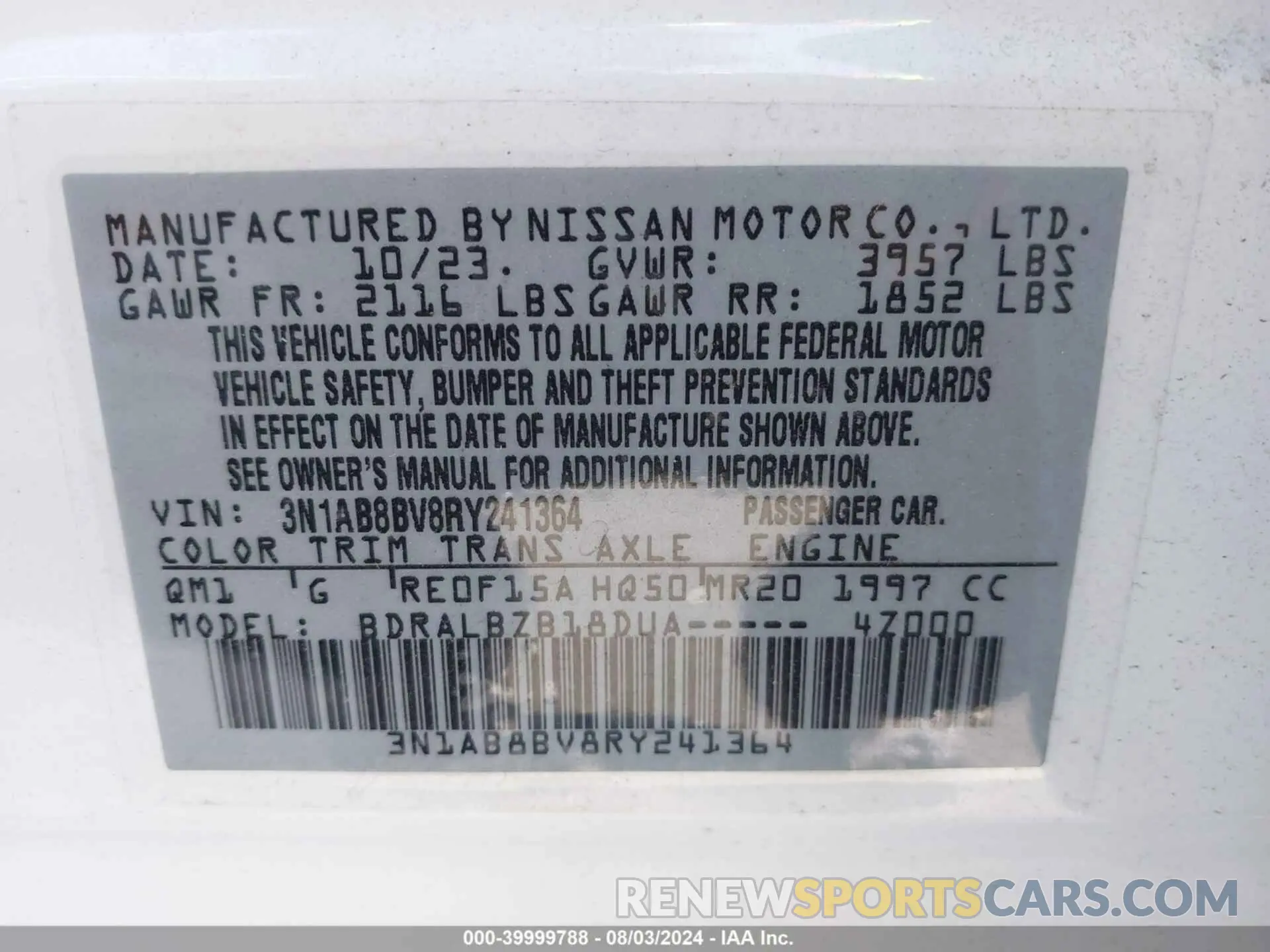 9 Photograph of a damaged car 3N1AB8BV8RY241364 NISSAN SENTRA 2024