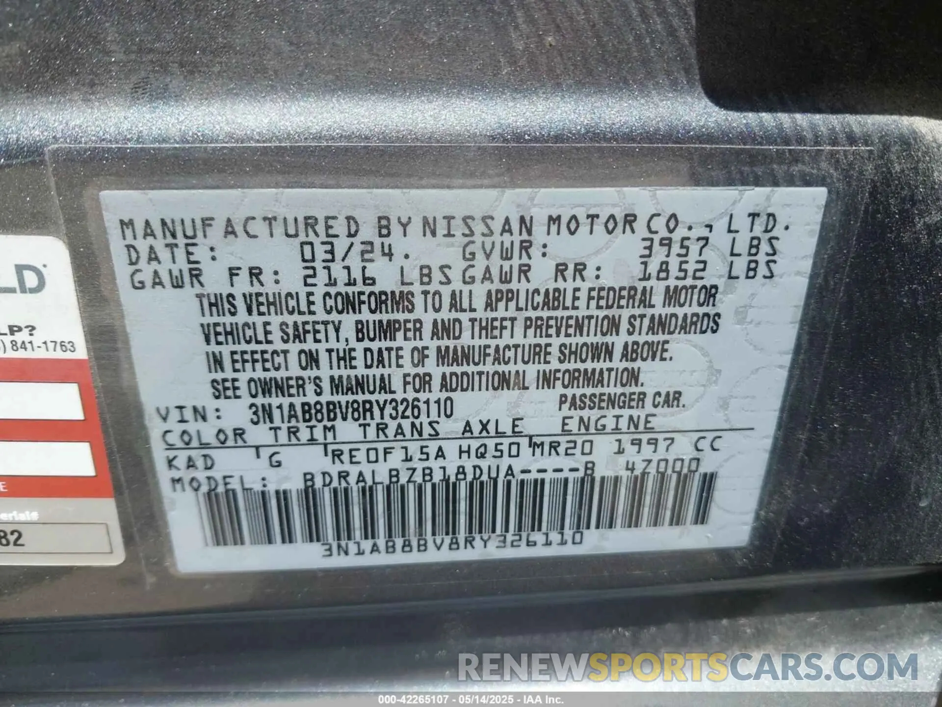 9 Photograph of a damaged car 3N1AB8BV8RY326110 NISSAN SENTRA 2024