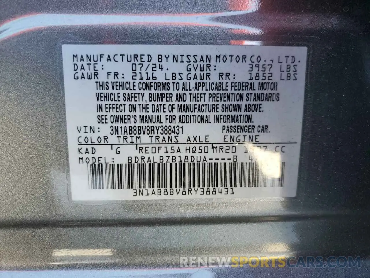 12 Photograph of a damaged car 3N1AB8BV8RY388431 NISSAN SENTRA 2024