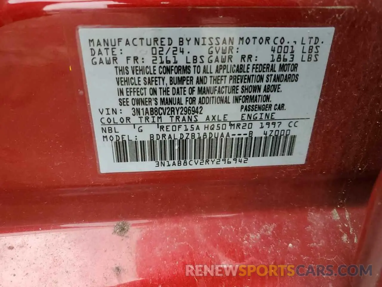 14 Photograph of a damaged car 3N1AB8CV2RY296942 NISSAN SENTRA 2024