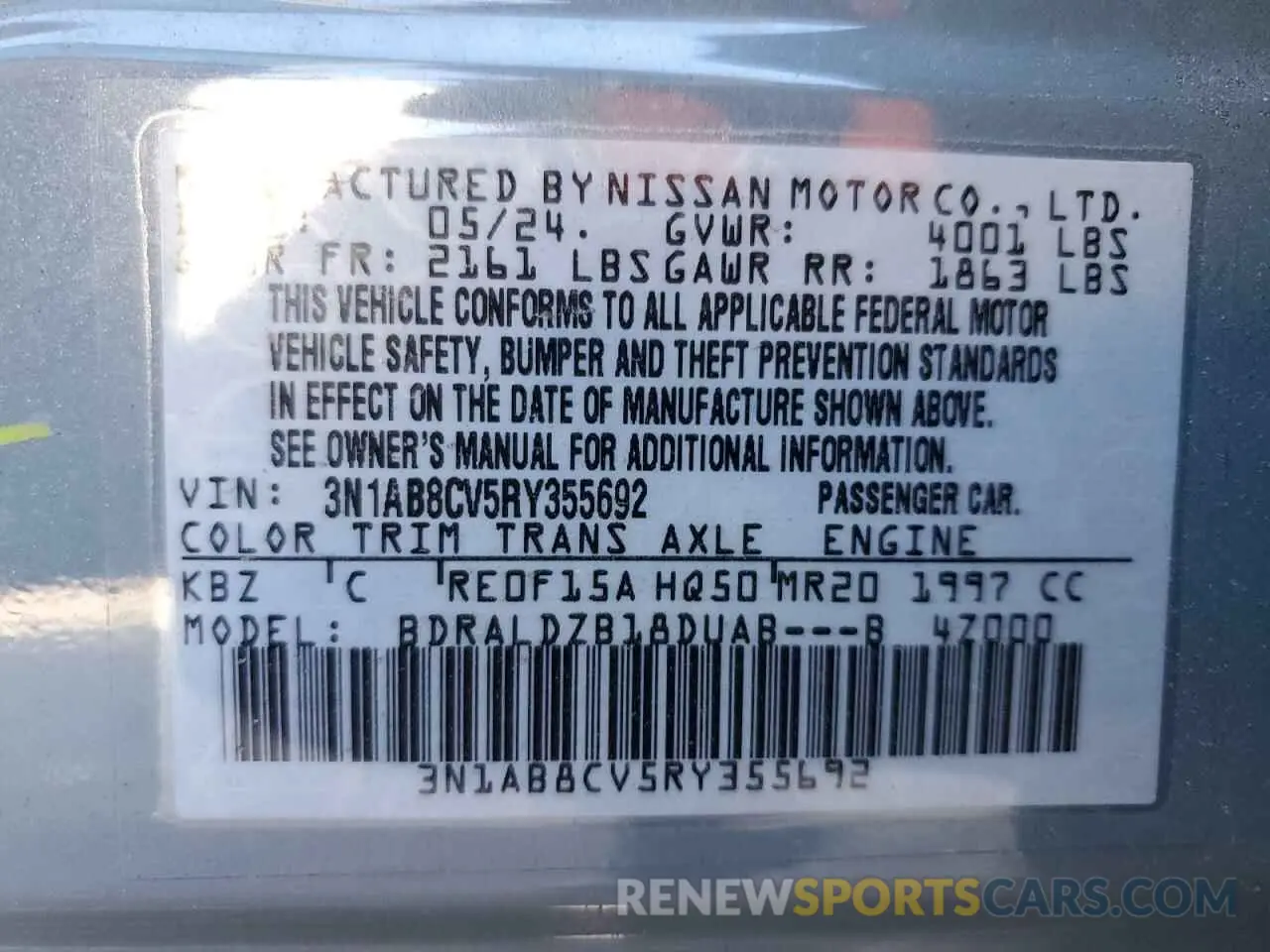 13 Photograph of a damaged car 3N1AB8CV5RY355692 NISSAN SENTRA 2024