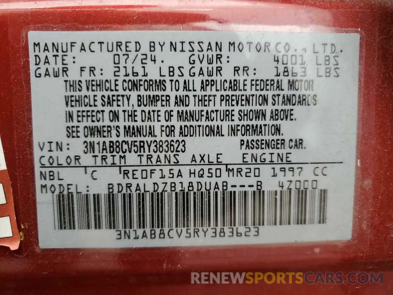 15 Photograph of a damaged car 3N1AB8CV5RY383623 NISSAN SENTRA 2024