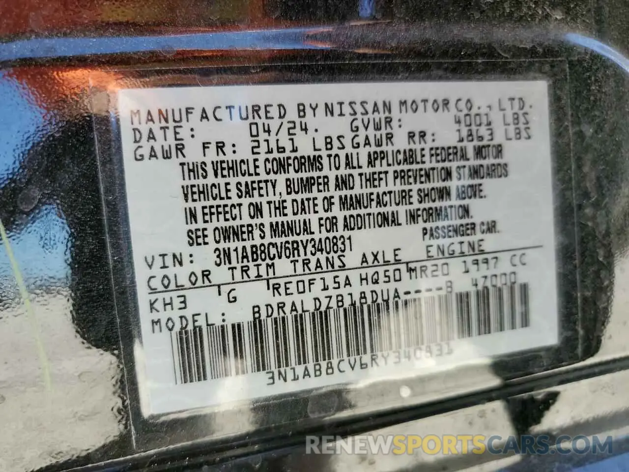 12 Photograph of a damaged car 3N1AB8CV6RY340831 NISSAN SENTRA 2024