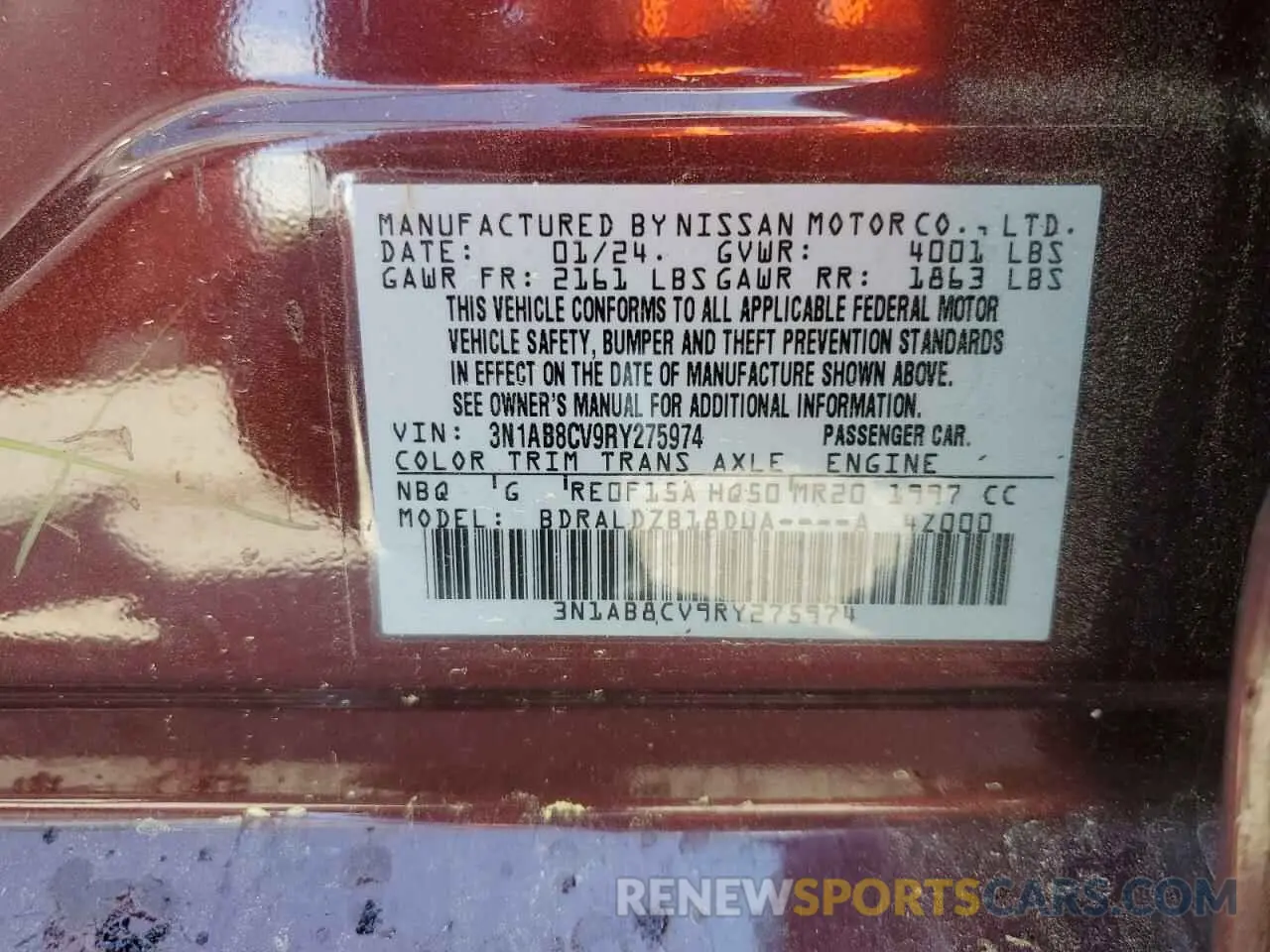 13 Photograph of a damaged car 3N1AB8CV9RY275974 NISSAN SENTRA 2024