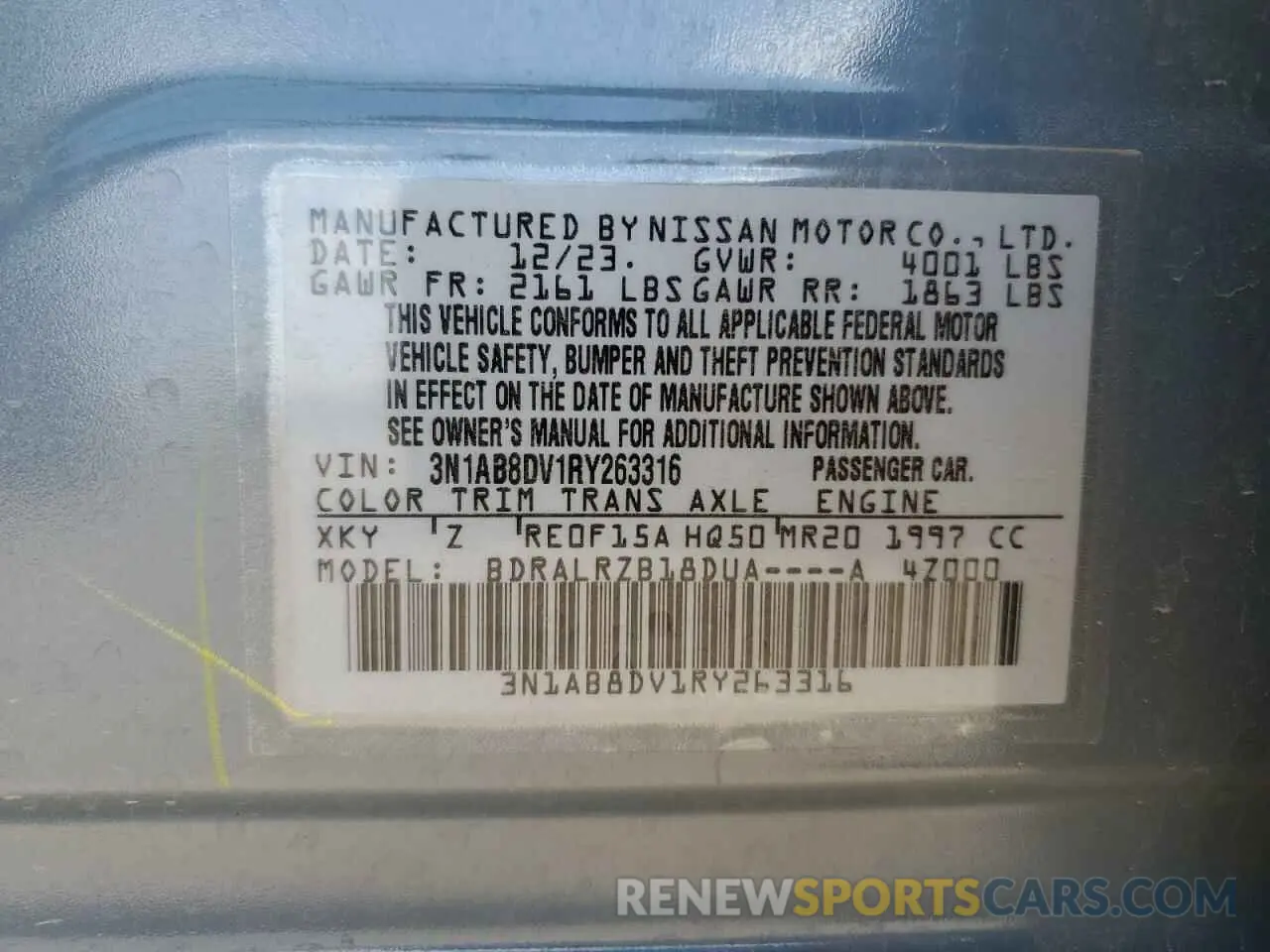 12 Photograph of a damaged car 3N1AB8DV1RY263316 NISSAN SENTRA 2024
