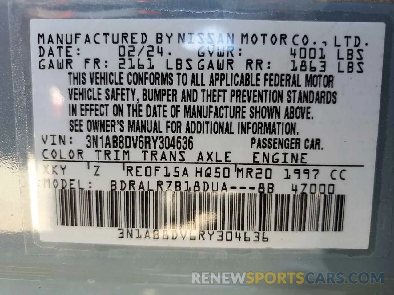 12 Photograph of a damaged car 3N1AB8DV6RY304636 NISSAN SENTRA 2024