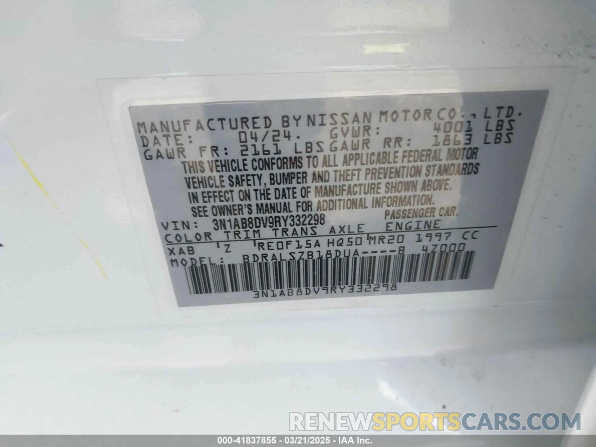 9 Photograph of a damaged car 3N1AB8DV9RY332298 NISSAN SENTRA 2024