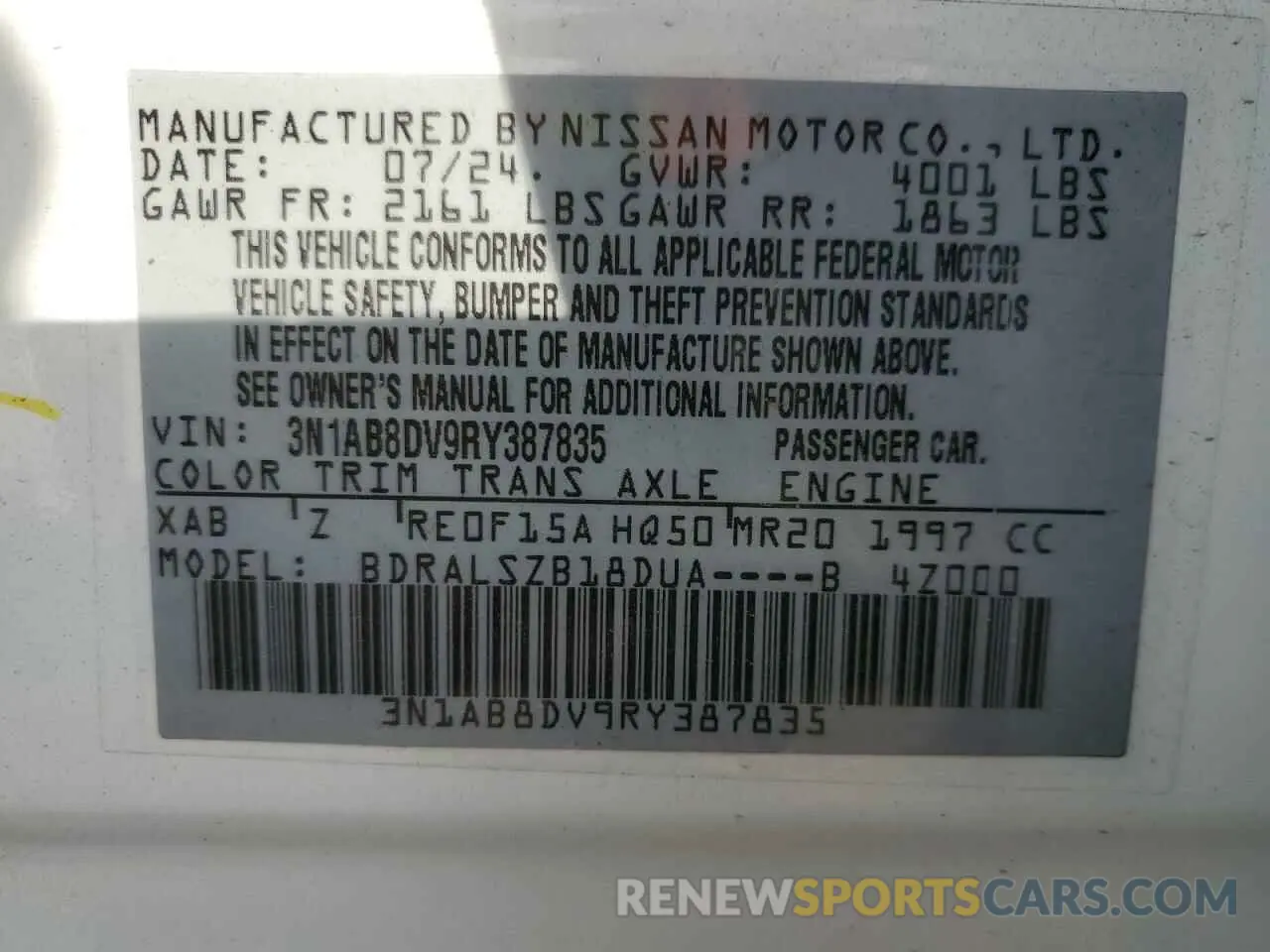 13 Photograph of a damaged car 3N1AB8DV9RY387835 NISSAN SENTRA 2024