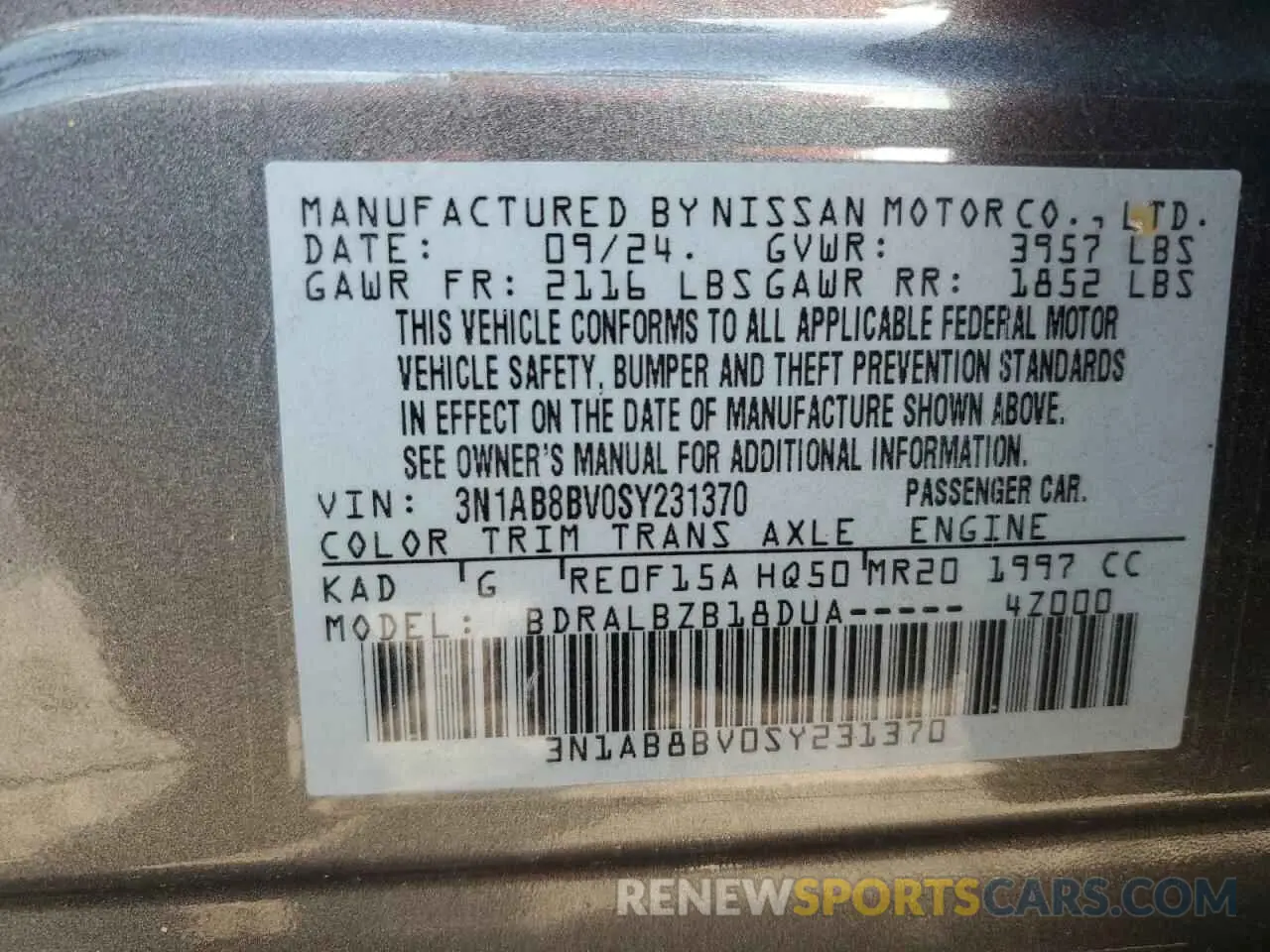 13 Photograph of a damaged car 3N1AB8BV0SY231370 NISSAN SENTRA 2025