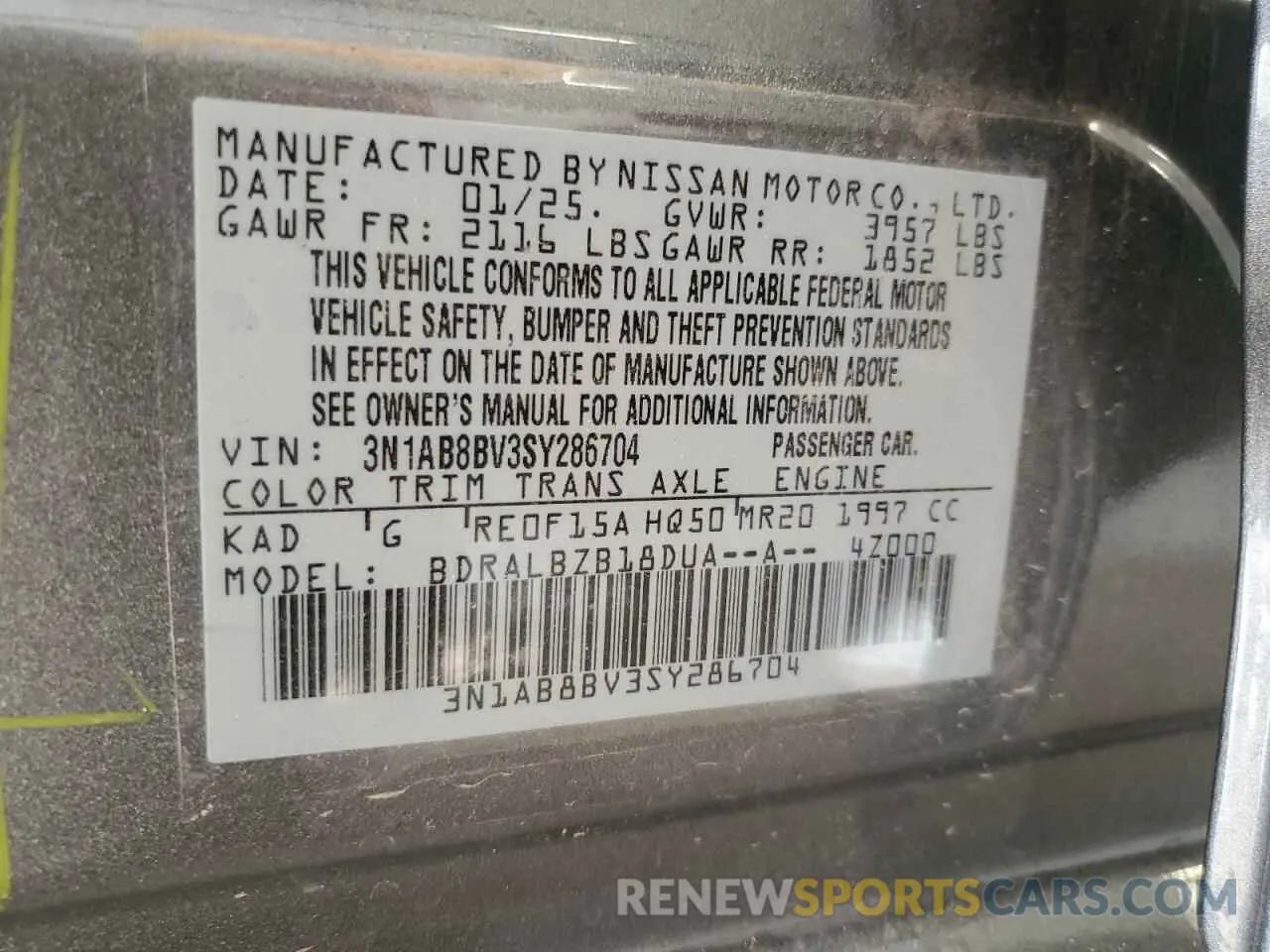 12 Photograph of a damaged car 3N1AB8BV3SY286704 NISSAN SENTRA 2025